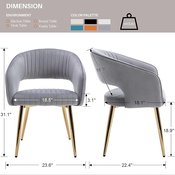 COMULER Grey Velvet Dining Chairs Gold Legs, Modern Dining Room Chairs with Arms Set of 2 Upholstered Accent Chair Armchair with Barrel Back for Kitchen Living Room