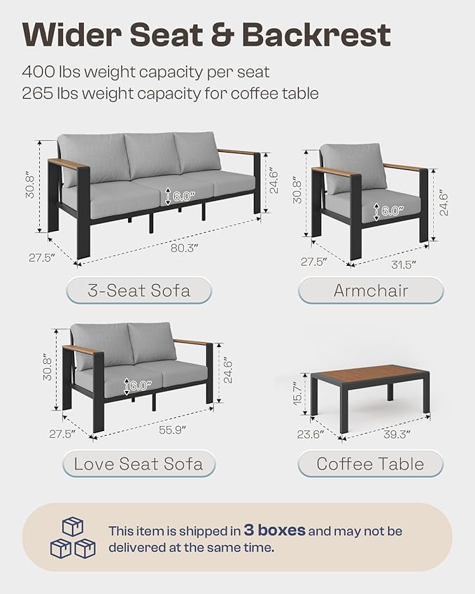 Oasbira Aluminum Outdoor Patio Furniture Set with Coffee Table, 4 Piece Patio Conversation Sets with Washable Thick Cushions, Patio Sectional Furniture Set for Porch, Balcony, Yard, Gray