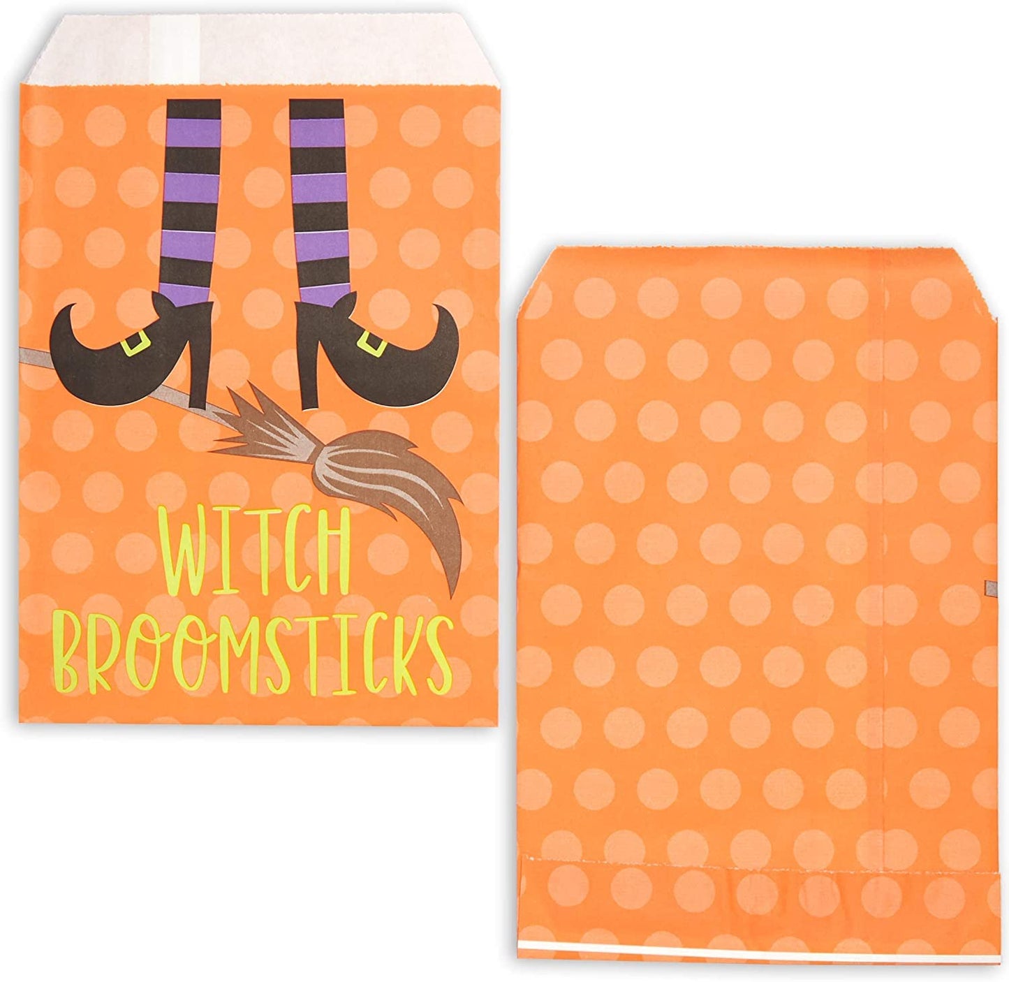 BLUE PANDA 100-Pack Halloween Paper Treat Bags - Small Candy and Favor Containers - 4 Spooky Designs: Vampire Teeth, Witch Broomsticks, Bag of Bones & Spider Eggs (7.5"x5.2")