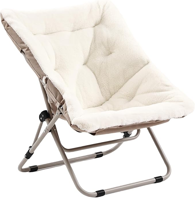 Givjoy Living Room Chair, Soft Faux Fur Folded Chair Oversized Folding Accent Chairs, Furry Lounge Lazy Chairs, Metal Frame Moon Chair for Bedroom, Living Room