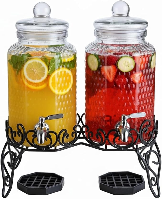 Double Glass Beverage Dispenser Set - 2 Gallon Punch Dispensers with Stand, Spigot, and Drip Trays | Ideal for Juice, Tea,...