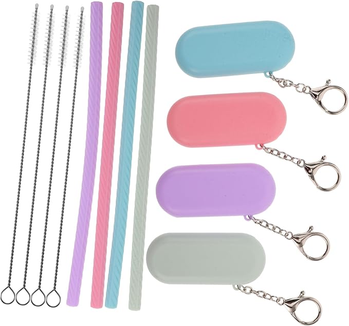 4 Sets Foldable Reusable Silicone Straws with Silicone Case Keychains and Stainless Steel Cleaning Brushes Portable Multipurpose Drinking Tools for Travel and Party Use
