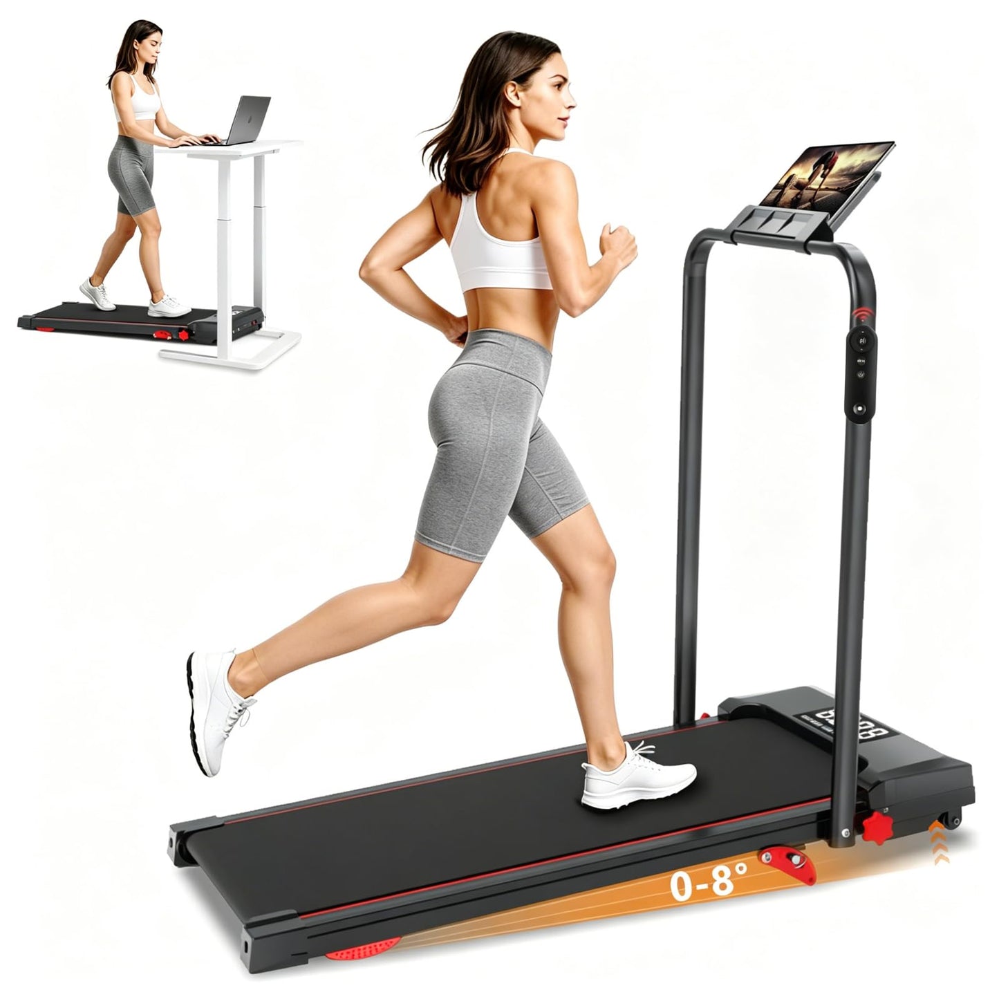 Joxir Walking Pad Treadmill with Incline & Handle Bar, Portable 7.5MPH Under Desk Treadmill for Home Office, 360 Lbs Capacity with LED Display & Remote Control