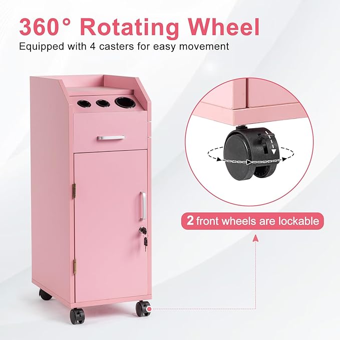 Winado Hair Salon Storage Cart with Wheels & 3 Hair Dryer Holders & 4 Drawers & Lock & 2 Keys, Hairdressing Tools Station Mobile Makeup Case, SPA Utility Trolley (Pink)