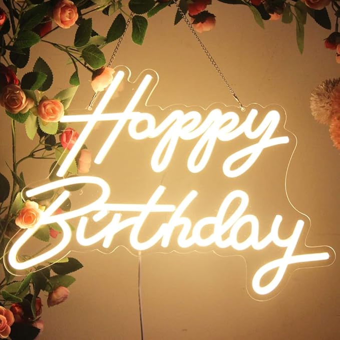 DAKABUKA LED Neon Happy Birthday Sign Night Light Birthday Party Decorations Warm White USB Operated Decorative for Backdr...