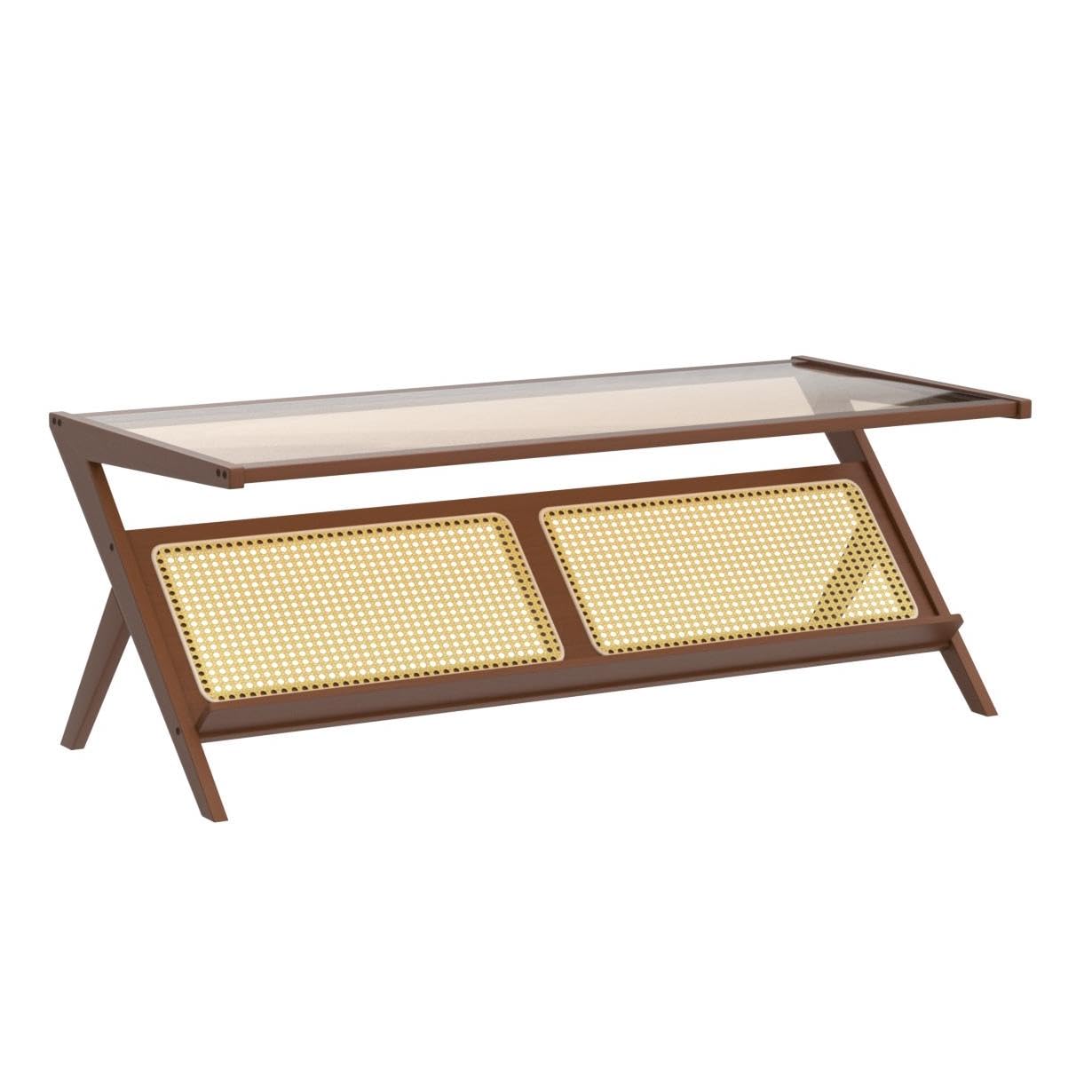 Bamworld Rattan Coffee Table with Glass Top Mid-Century Modern Center Table with Storage for Living Room Table Brown