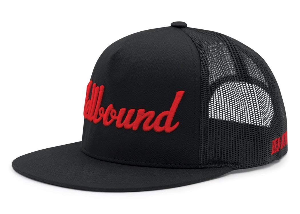 Hellbound Trucker Cap for Men – Flat Bill Mesh Snapback Hat – 5-Panel Black Cap with Bold Red Hellbound Front – One Size Adjustable – Cotton/Poly/Nylon Blend – Outdoor Summer Baseball Hat