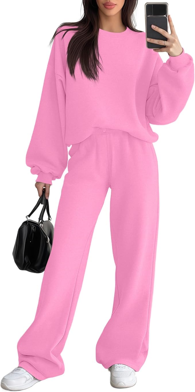 Sweetyweee Women's 2 Piece Outfits Set Fleece Lined Lounge Sweatsuit Crewneck Pullover Top Wide Leg Pants Casual Tracksuit