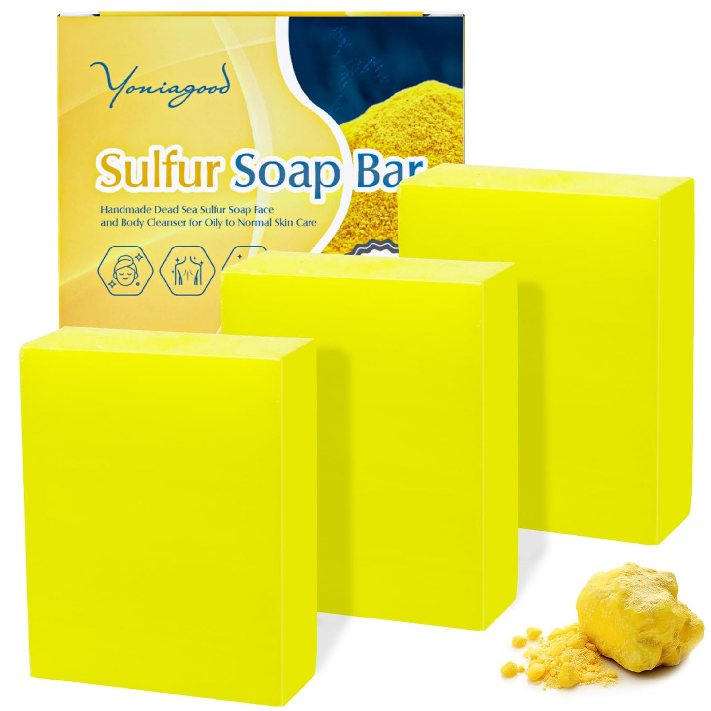yoniagood 3 PCS Sulfur Dead Sea Soap, Natural Sulphur Bar Soap with Dead Sea Salt, Tea Tree Oil, Face & Body Exfoliating & Moist