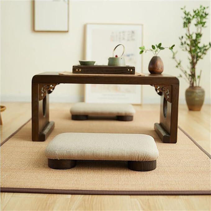 Japanese Tatami Low Stool, Solid-Wood Floor Chair with Cushioned Linen, Bedside Bench or Low Table Seating, Footrest for Meditation(48 * 35 * 8cm)