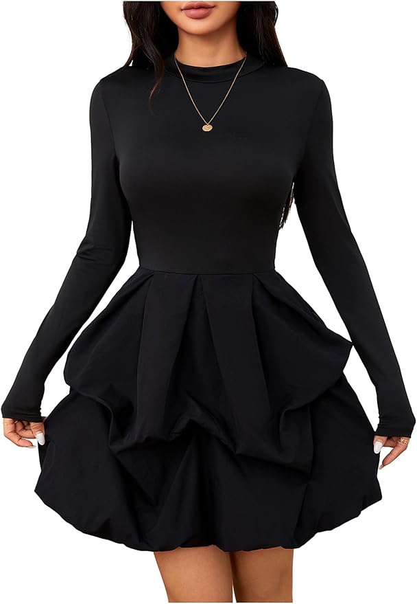 MakeMeChic Women's Long Sleeve Mini Dress Ruffle Mock Turtle Neck A Line Wedding Party Short Dresses