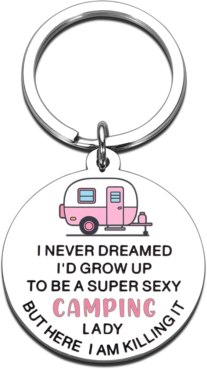 Funny Camping Keychain for Women Super Sexy Camping Lady RV Gifts Happy Camper Gift Cool Camper Accessories for Her RV Ess...