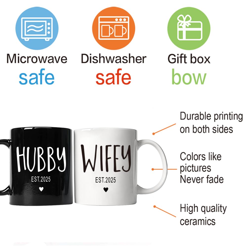 FALJIOK Est 2025 Hubby & Wifey Coffee Mug Set, Wedding Mug Gifts for Couple, Bride Groom Mug Set, Novelty Couples Coffee Mug Set, Mr and Mrs Mugs, Mr & Mrs Bridal Shower Gift, Wedding Gifts