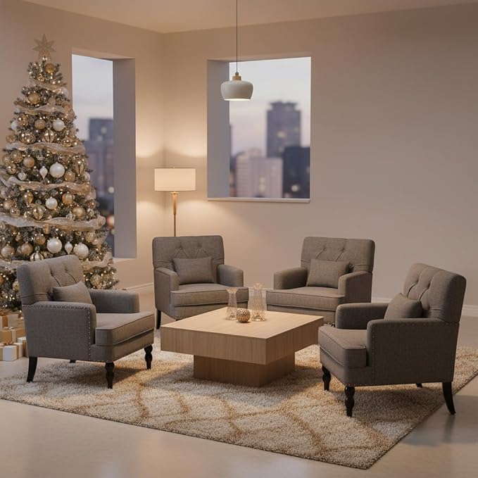 HUIMO Tufted Club Chair Set of 2 with Lumbar Pillow,Accent Chair Upholstered Button Armchair, Linen Fabric Sofa Chairs for Bedroom, Living Room, Mid Century Modern with Reading Chair (2, Gray)