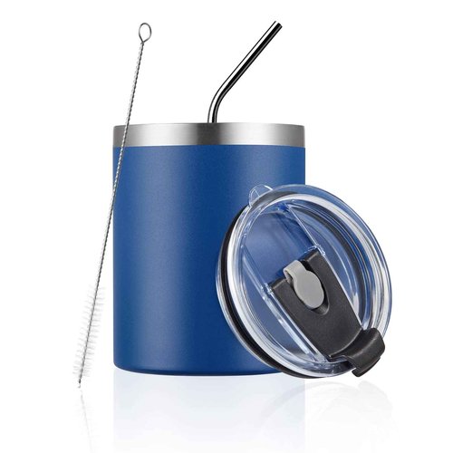 MEWAY 12 oz Lowball, Tumbler Stainless Steel Double Wall Vacuum Insulated Mug with Straw and Lid, Cleaning Brush ，Durable Powder Coated Insulated Coffee Cup for Cold & Hot Drinks (Navy, 12 pack)