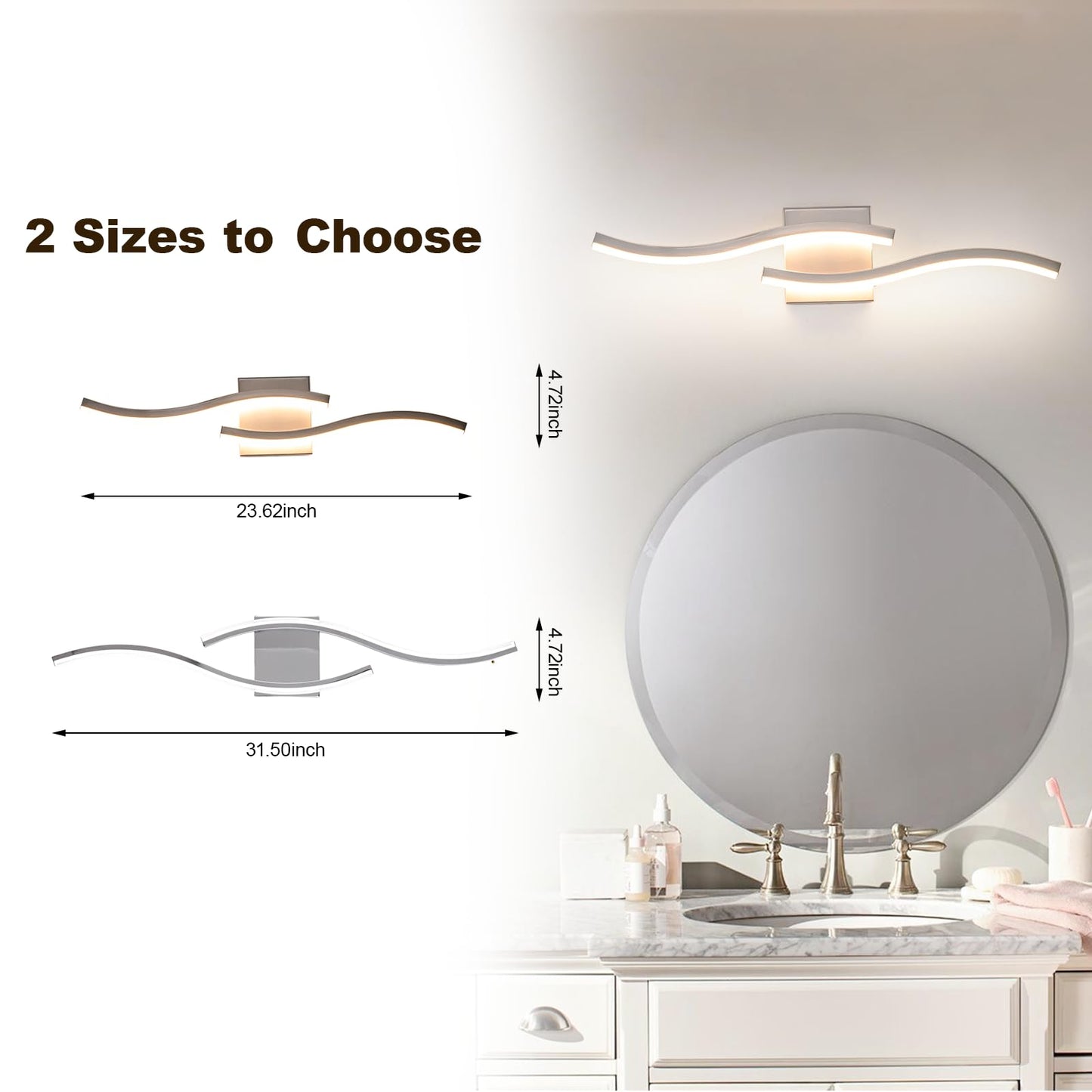 Sovinzert Brushed Nickel Curved Bathroom Vanity Light Fixture Over Mirror, 23.62 inch Modern LED Wall Lamp 5CCT Dimmable Bathroom Light Fixture Modern Vanity Lighting 23 Inch Wall Sconces