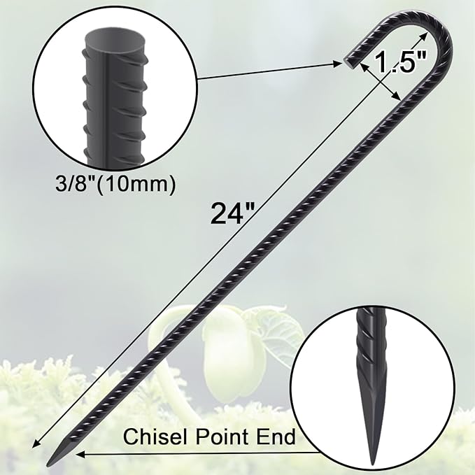 VVOKGO Rebar Stakes 24 Inch J Hook Heavy Duty Ground Anchors (16pcs), 3/8 Inch Diameter Metal Steel Extra Long Fence Stakes with Chisel Point End for Greenhouse, Gazebo, Carport, Camping Tents, Black