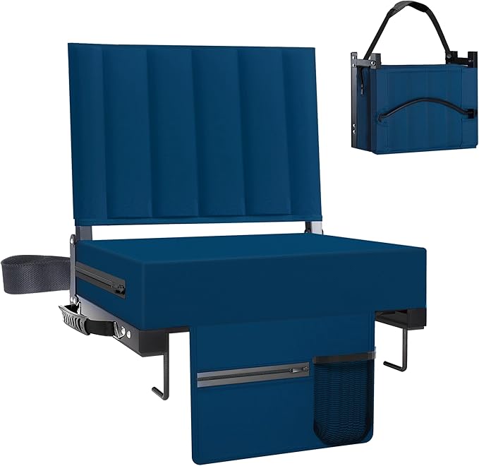 Aliphon Stadium Seat for Bleachers with Back Support and Cushion, Bleacher Seats with Shoulder Strap and Cup Holder, Padded Portable Folding Comfort Stadium Chair, for Sports Events, Navy Blue (1pcs)
