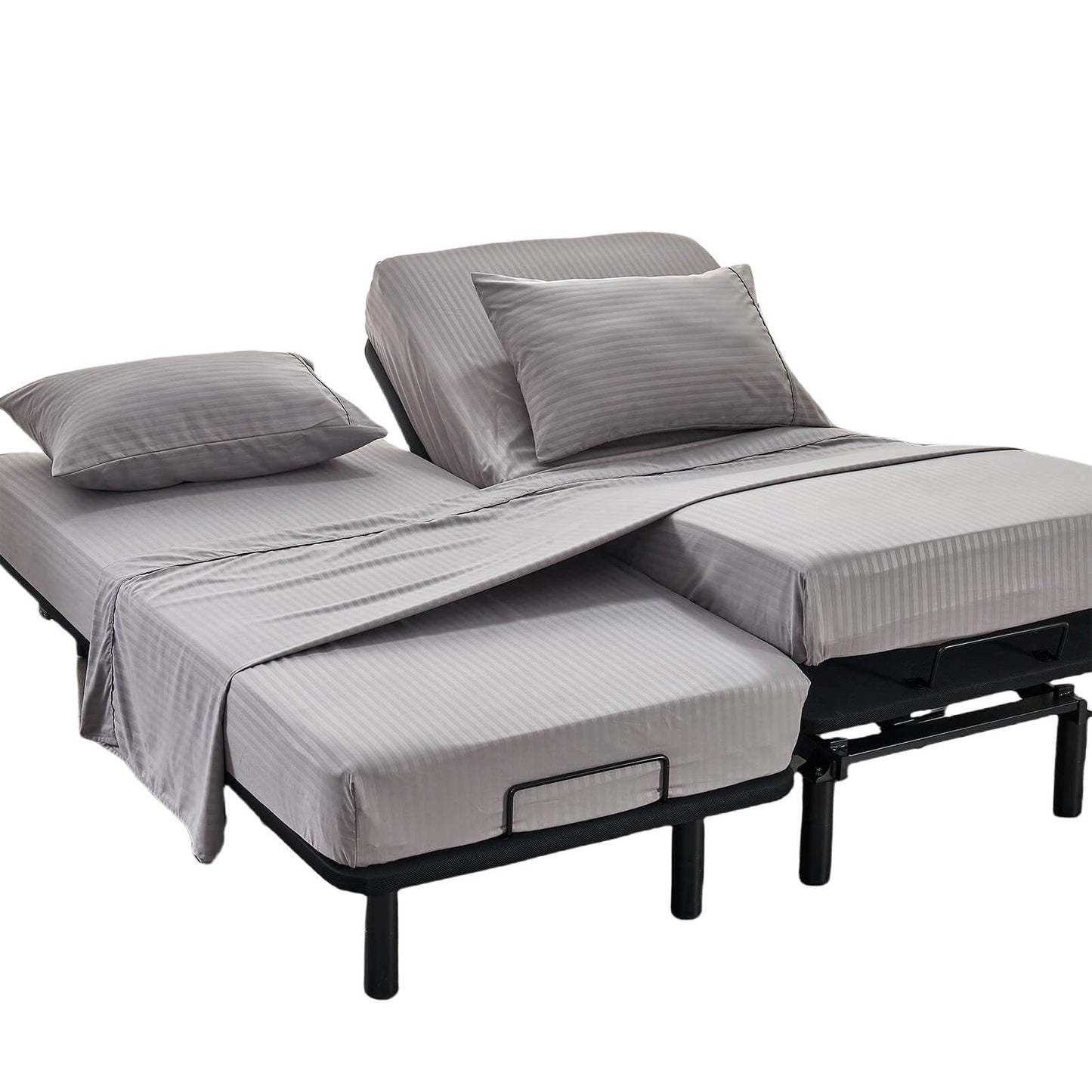 Kingnex Striped Split California King Sheets Sets for Adjustable Bed with Deep Pocket 5 Pieces Include 2 Cali Twin XL Fitted Sheets 1 Flat Sheet 2 King Size Pillowcases Grey