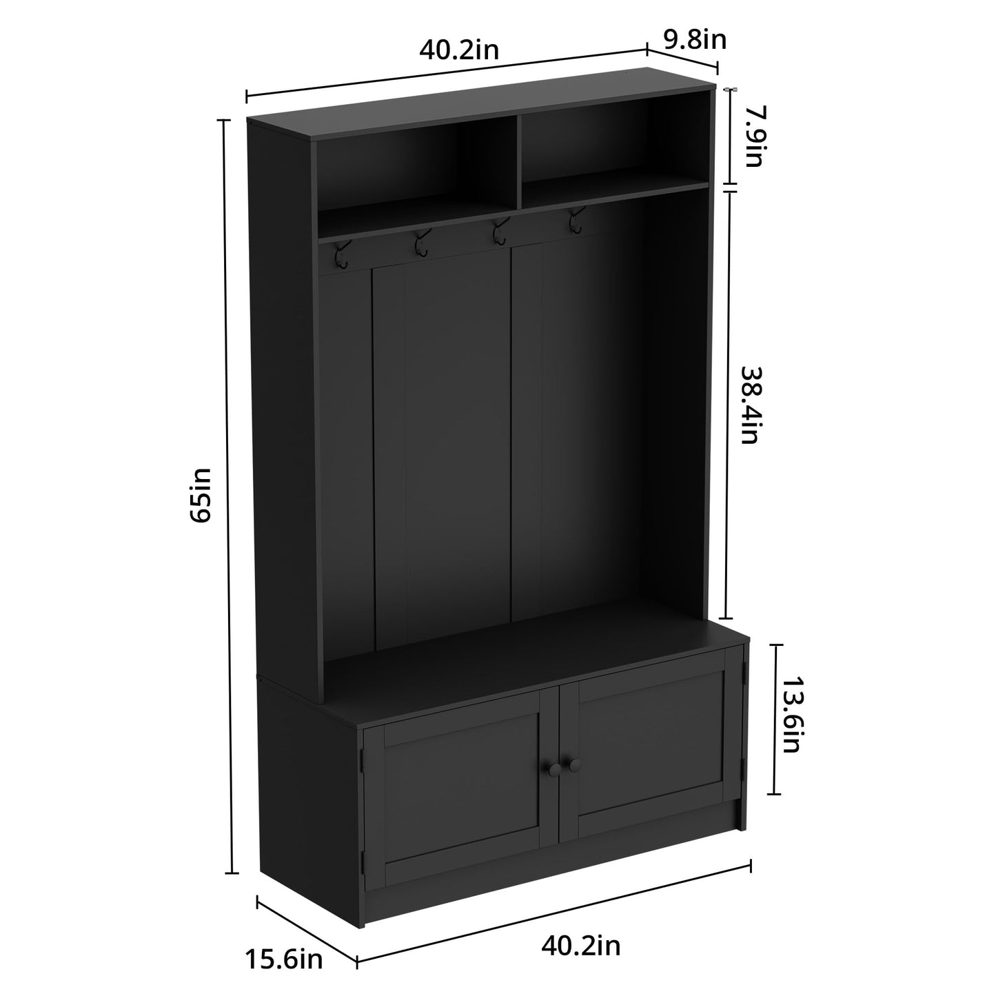 MHOM Black Hall Tree with Storage, 65" Tall Entryway Bench with Shoe Storage, Coat Rack and Top Shelf, Freestanding Wooden Hall Tree with Bench for Entryway, and Hallway