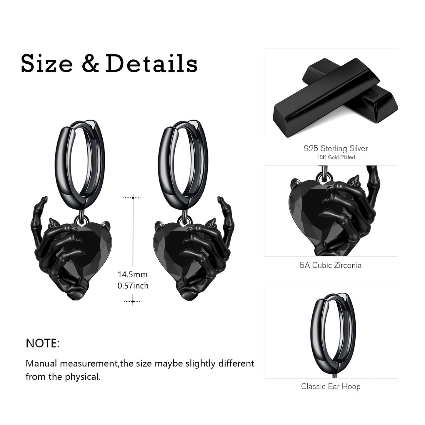 OHAYOO Skeleton Hand Earrings 925 Sterling Silver Skull Huggie Hoop Earrings Halloween Drop Dangle Earring Gothic Jewelry Gifts for Women Men-Black