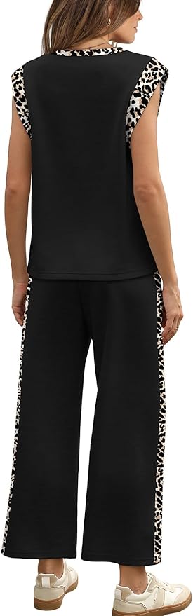 WIHOLL 2 Piece Sets for Women Summer Lounge Sets Travel Vacation Outfits Cap Sleeve Sweatsuit Side Slit Wide Leg Pants S-3XL
