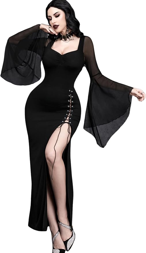 InGoticos Women Gothic Sexy Slit Flare Sleeve Patchwork Party Dress