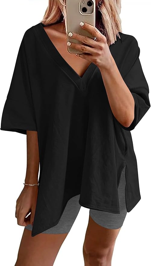 Ekouaer Womens Pajamas 2 Piece Lounge Sets Oversized V Neck T-Shirts Tops Biker Shorts Set Workout Reversible Tracksuit S-XXL