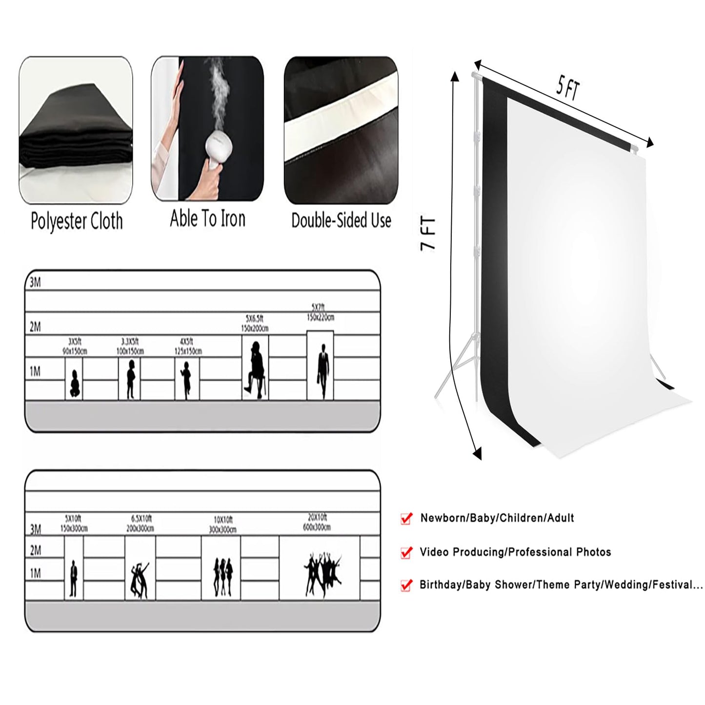 LYLYCTY Black White Photography Backdrop for Photoshoot, 2-in-1 Revisible Black Backdrop White Screen Background for Video Photography Gaming Streaming5x7ft