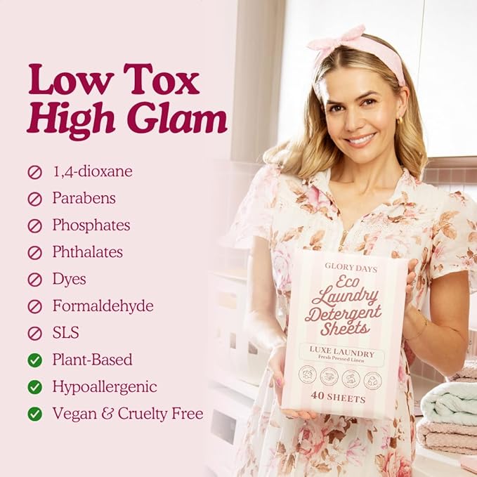 Glory Days Eco Laundry Detergent Sheets – Violet Hour (Lavender) | 40 Sheets = Up to 80 Loads | Enzyme‑Powered, Plastic‑Free, Hypoallergenic | HE, Top & Front Loader | Travel‑Friendly