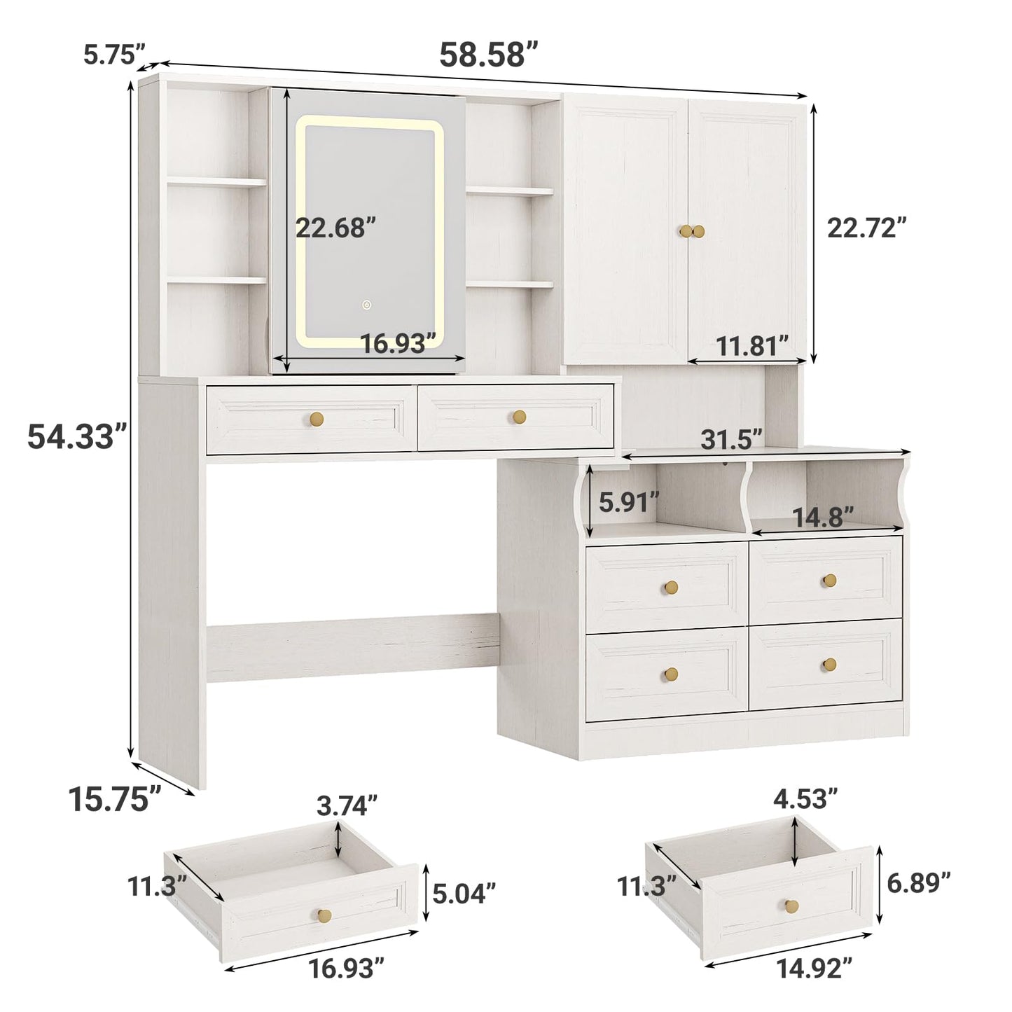 Vabches 58.6" Large Vanity Desk with Sliding Mirror & Lights, White Makeup Vanity Table & Nightstand Combo with Power Outlet and 6 Drawers 15 Shelves with Light Strips for Bedroom Dressing Room