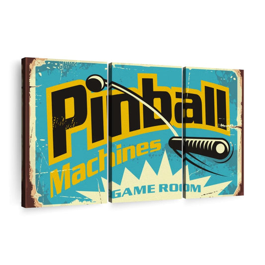 ElephantStock Pinball Machine Game Room Wall Art - Horizontal Canvas - 3-Piece Living Room Wall Decor - Retro Digital Art Canvas Print - Turquoise and Black Decor for Wall - 74" X 48"