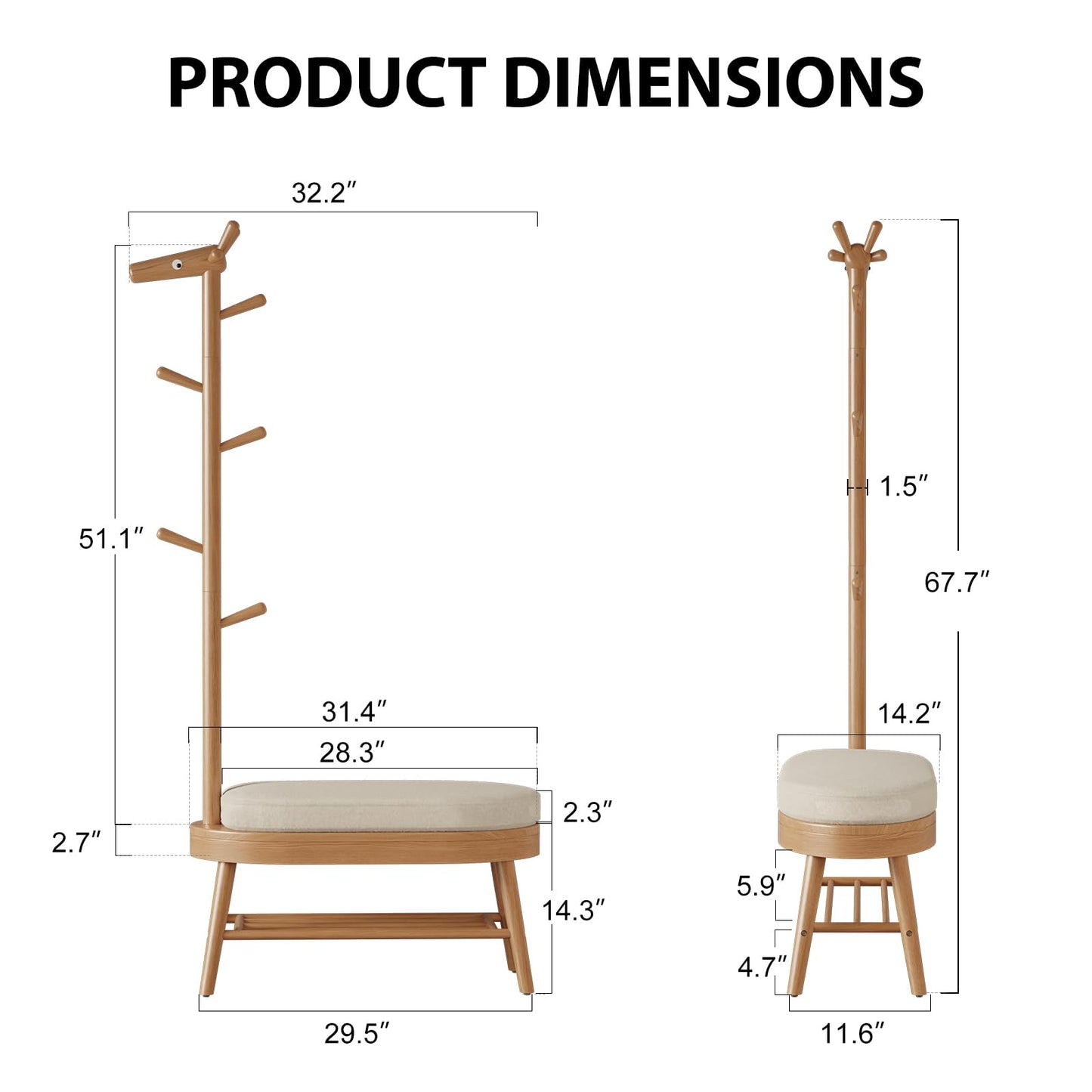 AQIMUELE Coat Rack with Shoe Storage, Wooden Shoe Bench with Coat Rack and Storage for Bench, (Natural)