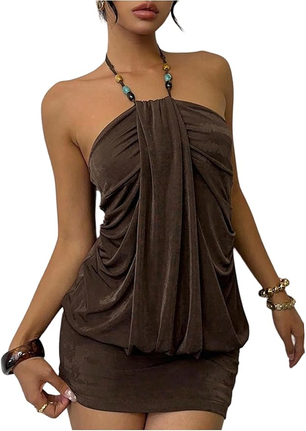Milumia Women's Y2k Draped Front Halter Dress Tie Backless Mini Dresses Concert Festival