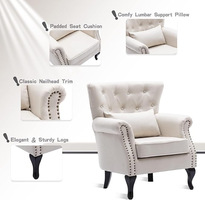 chairus Mid-Century Modern Accent Chair, Comfy Tufted Single Sofa Chair Wingback Armchair with Pillow for Club, Living Room, Bedroom - Linen, Beige