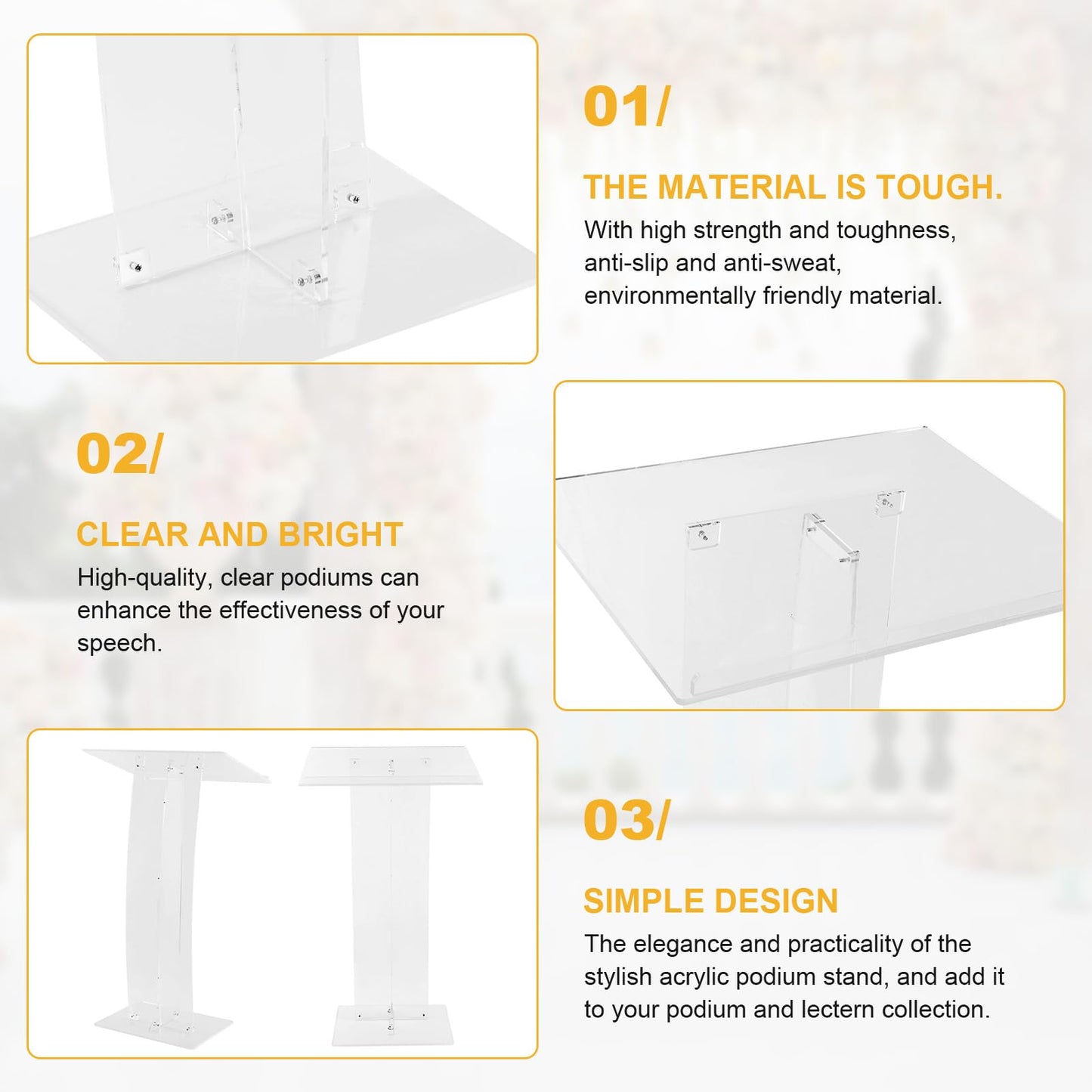 43.31 Inch Acrylic Clear Stand Up Church Pulpit Transparent Churches Lecterns Portable Hostess Stand for Classroom/Wedding/Conference/Lecture/Concert