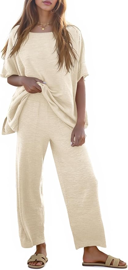 Tankaneo Women's 2 Piece Travel Outfits Casual Short Sleeve Knit Sweater Set Wide Leg Pants Lounge Sets Tracksuit