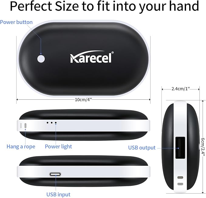 Karecel Rechargeable Hand Warmers 2 Pack, 10,400mAh Double Sided Heat Electric Hand Warmers Power Bank, Portable Pocket USB Heated Handwarmers, 4-inch Full-Surface Heat & Quick Charge, Men Tech Gifts
