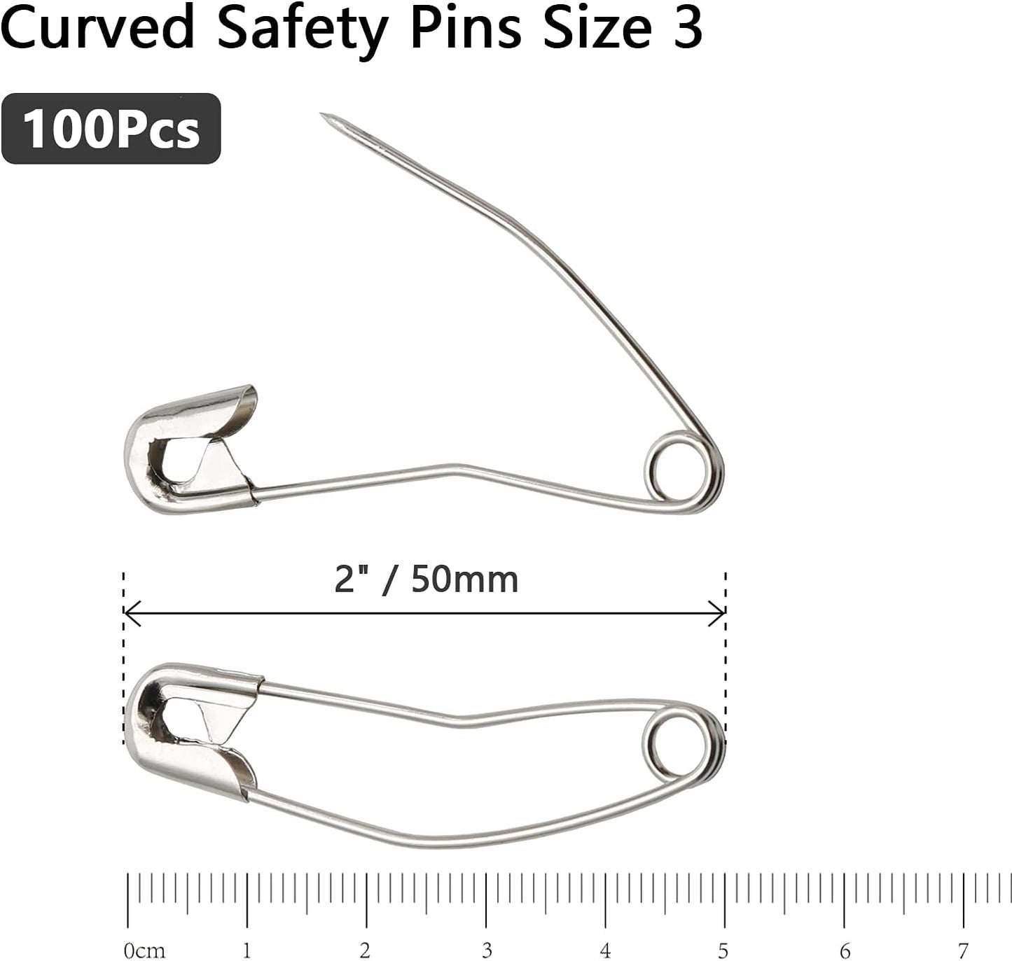 100Pcs Curved Safety Pins Size 3, 2" / 50mm Quilting Basting Pins, Bent Safety Pins for Quilting and Knitting (Sliver)