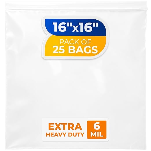 16" x 16" Extra Large Zip Seal Lock Bags, 6 Mil (Pack of 25) – Heavy-Duty Reclosable Plastic Bags – Clear, Resealable, Waterproof – For Storing Clothes, Jewelry, and Travel Items