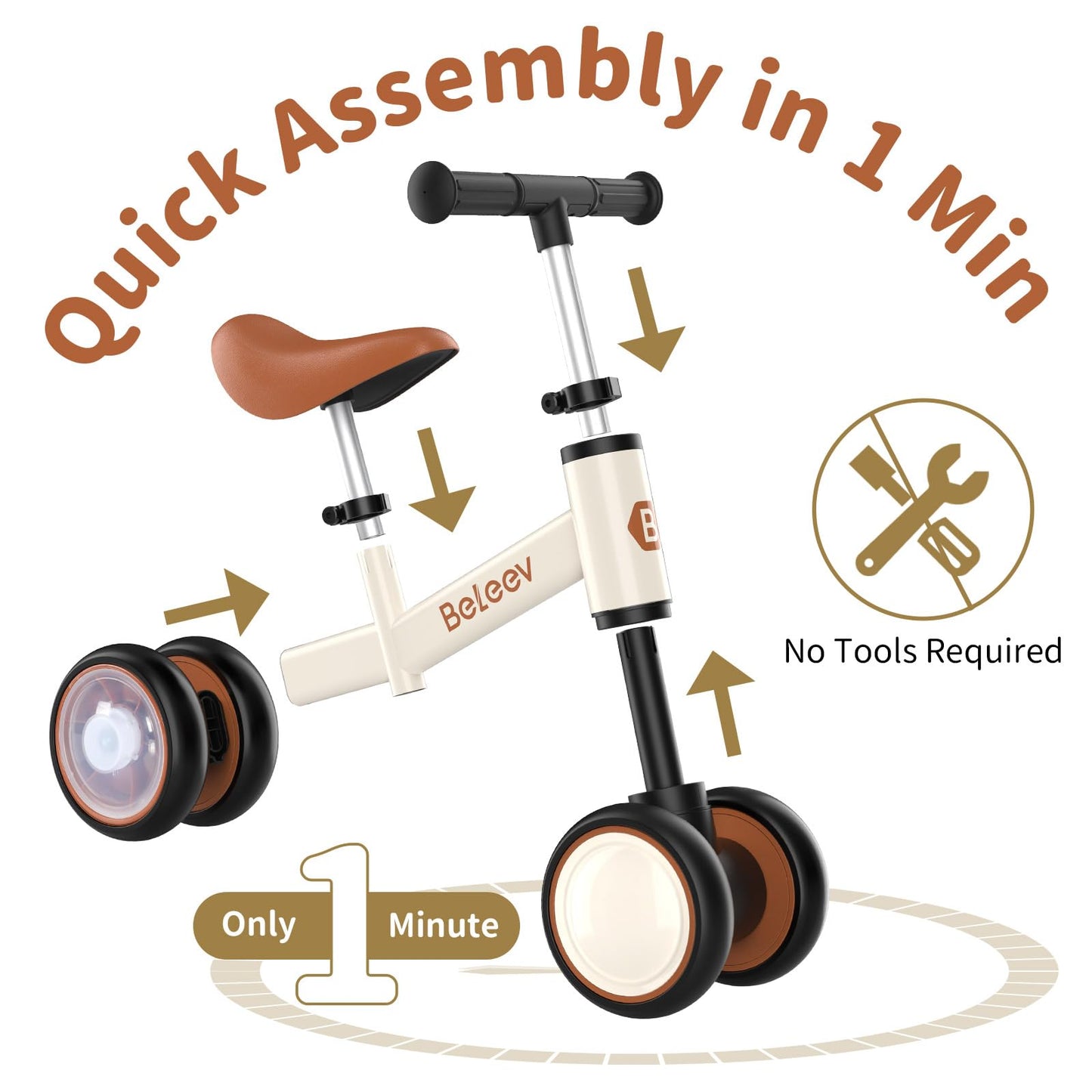 BELEEV Colorful Lighting Baby Balance Bike for 1-3 Year Old Boys Girls, Toddler Bike with Light-Up Wheels, Adjustable Seat & Handlebar, 135° Safe Limited Steer, First Gift for 10-36 Month(Brown)