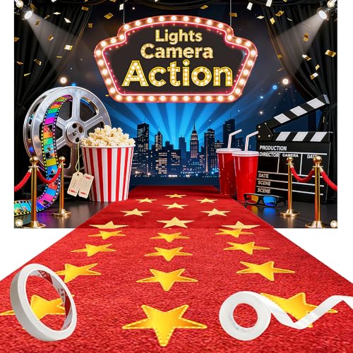Lights Camera Action Backdrop with Red Carpet Runner 7x5ft, Movie Theme Party Decorations – Movie Night & Oscar Party Bann...