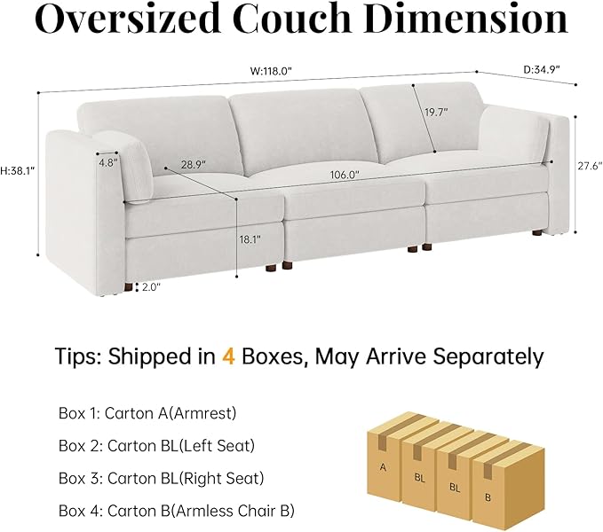 CUGOAO 118'' Modular Sectional Sofa, Oversized, Sectional Couch, Deep Seat Chenille Cloud Couch Sofa, Removable Cover, Mordern Upholstered Couches for Living Room, Apartment, Office, Beige