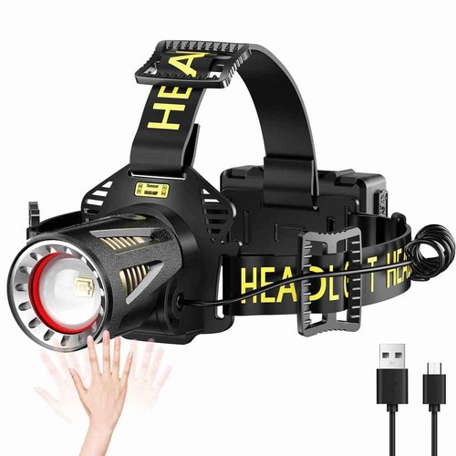 MAXME100® Long Throw Headlamp Rechargeable, 9000 mAh IP68 Head Lamp, High Lumen Headlamp, Led Headlamp for Hunting Camping, Head Light, Head Flashlight, Super Bright Motion Sensor USB C Adults