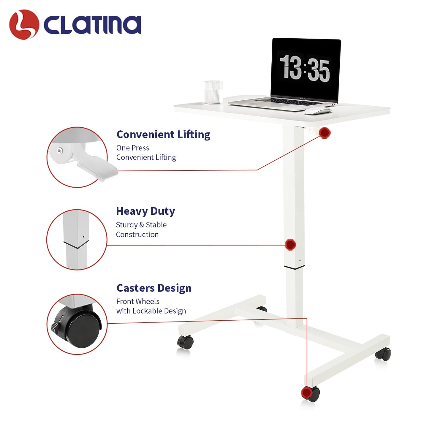 CLATINA Round Edge Design Elegant Mobile Laptop Desk Pneumatic Sit to Stand Table, Height Adjustable Rolling Cart with Lockable Wheels for Home Office Computer Workstation, 28" x 19" White