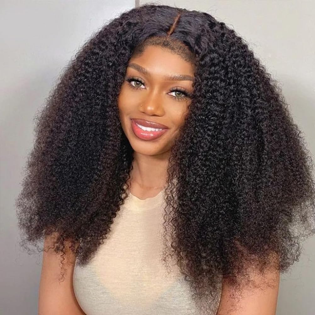 Beauhair Glueless Afro Curly Wigs with 4C Edges hairline Human Virgin Hair wig 4x4 Lace Front Afro Kinky Curly wig 210% Density