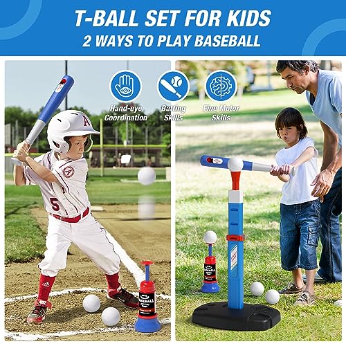 HYES 2 in 1 Kids Basketball Hoop and T Ball Set - Adjustable Height, Kids Baseball Tee with Automatic Pitching Machine, In...