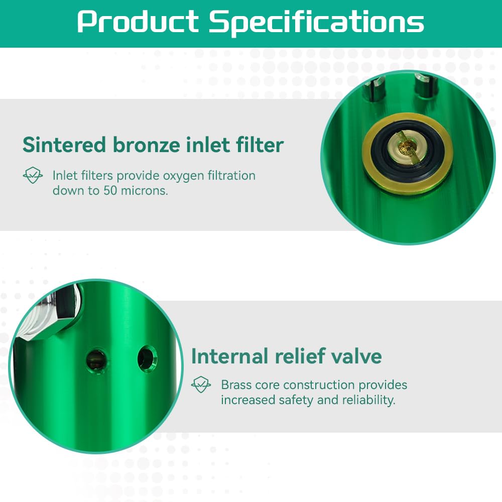 Oxygen Regulator EMS Professional Grade CGA870, 0-25 LPM with Gauge, Dual Outlet (Check Valve & Barb), Brass Sleeve Design, Includes Wrench, Oxygen Tubing Swivel Nipple and 5 Brass Yoke Washer Seals