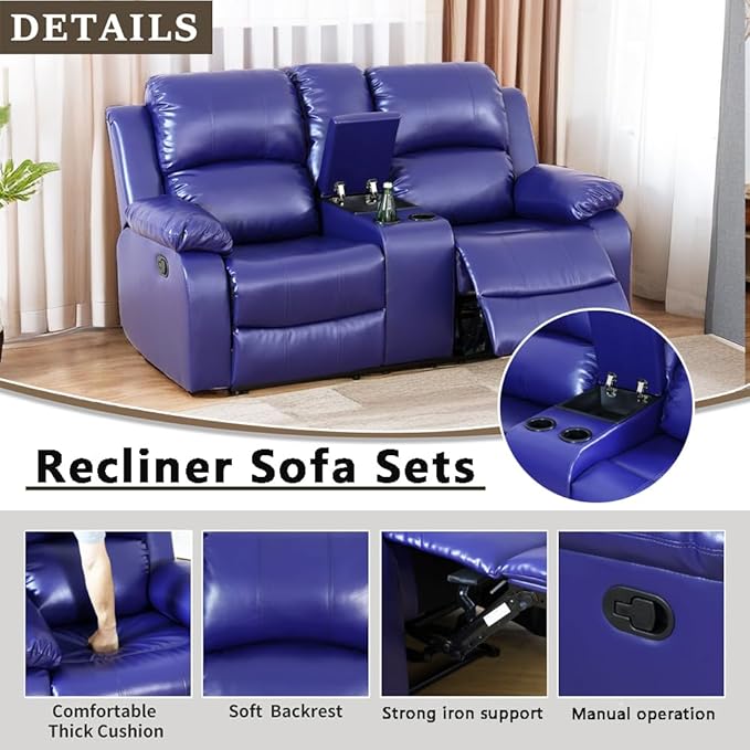 A Ainehome Living Room Furniture Set Leather Recliner Sofa Set Loveseat Chair Furniture Sofa Set for Living Room/Small Space/Rv/House/Office/Theater Seating (A-Blue Leather, Loveseat)