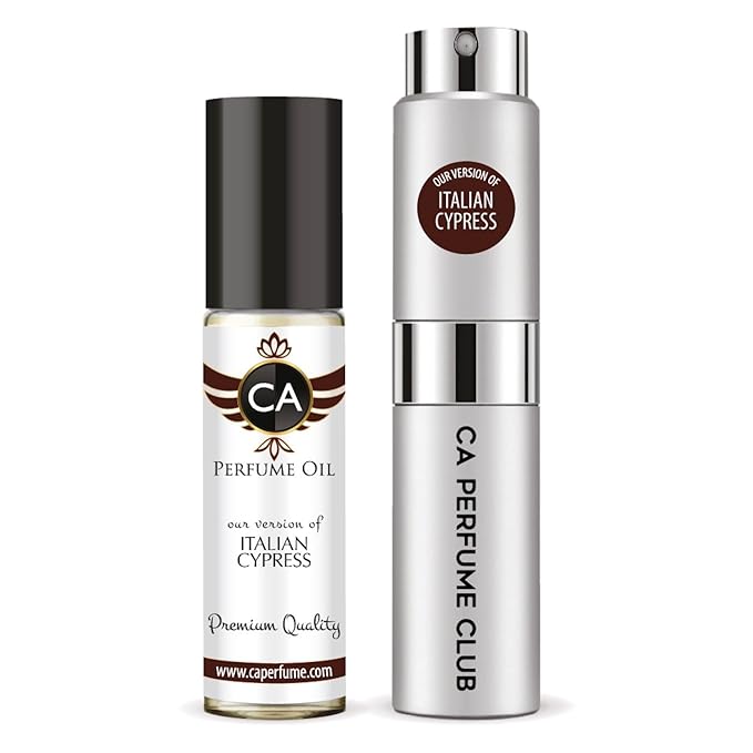 CA Perfume Duo Impression of Italian Cypress For Women And Men Perfume Layering Set Long Lasting Travel Size EDP + Body Oil Roll-On Bottle 0.27 Fl Oz+0.33 Fl Oz